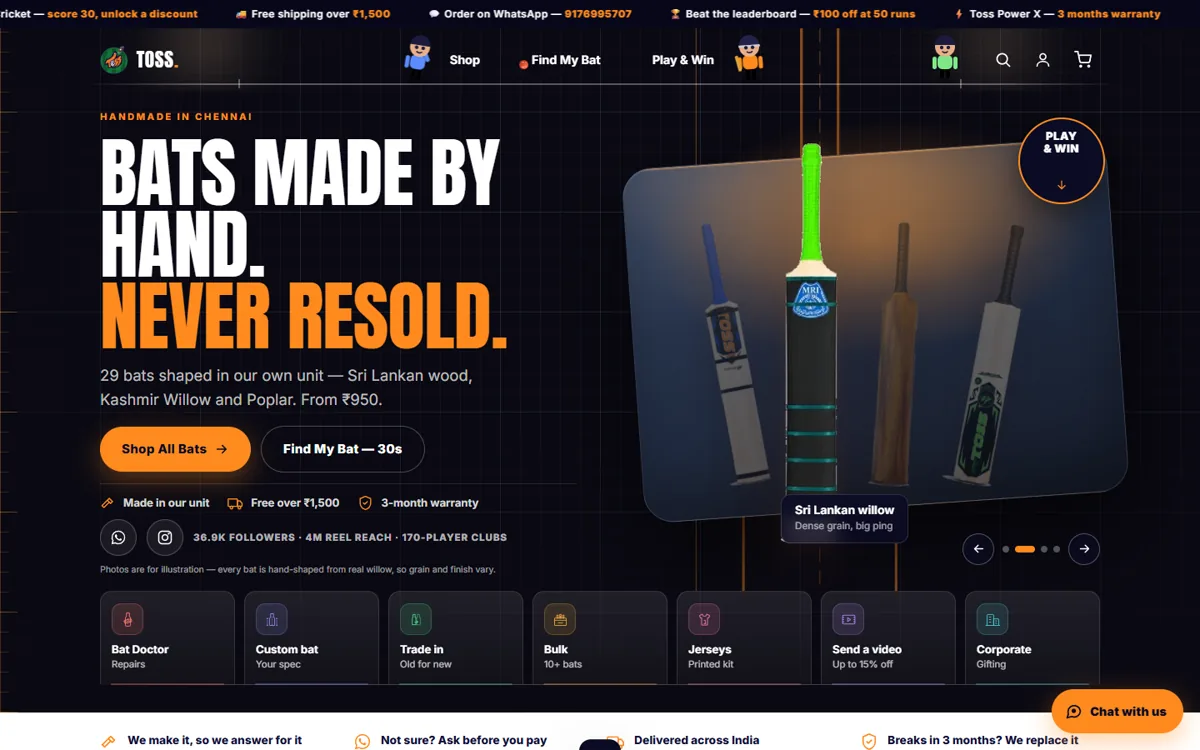 Toss Sports website design — handcrafted tennis ball cricket bat e-commerce store built by TheVincis